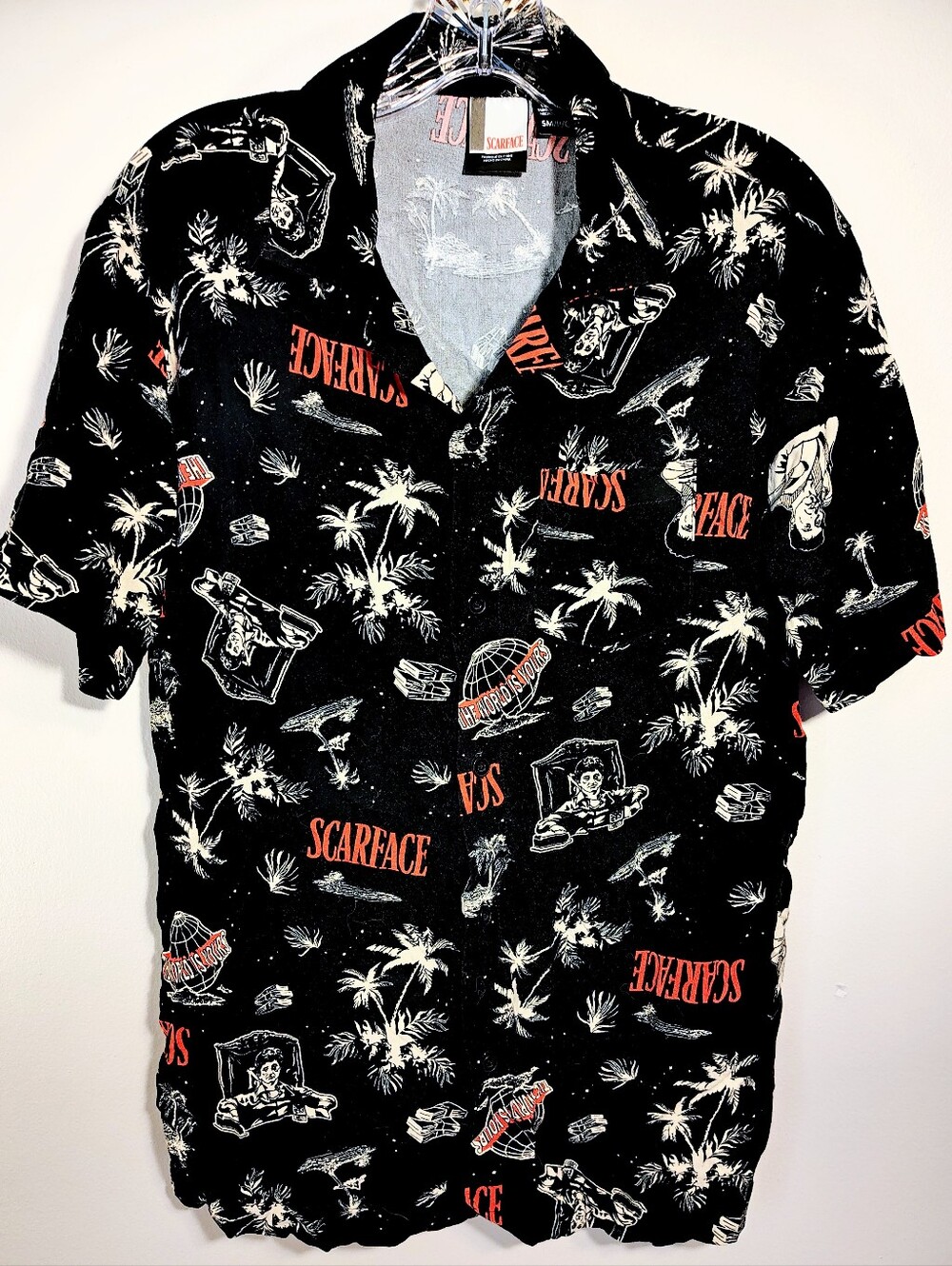 Scarface Al Pacino Movie AOP Rayon Button down Shirt Men's Small - Tony Montana